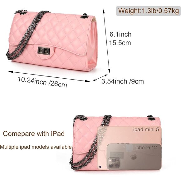 Women Pink PU Quilted Stylish Crossbody Bag with Chain Strap & Flap Closure - Picture 3 of 6